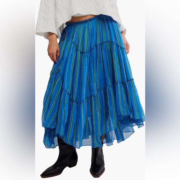 Free People Ember Tiered Stripe Midi Skirt in Blue Marina Sz XS, S $128 MSRP NWT - Picture 4 of 8